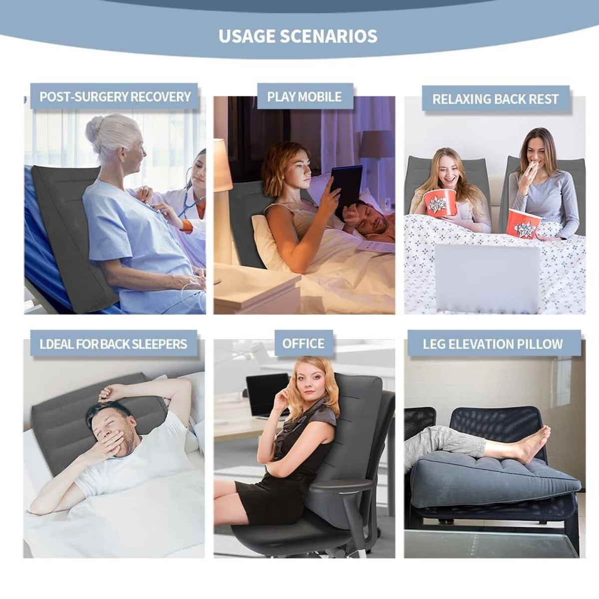 Gray inflatable wedge pillow used for post-surgery recovery, play, and office back rest