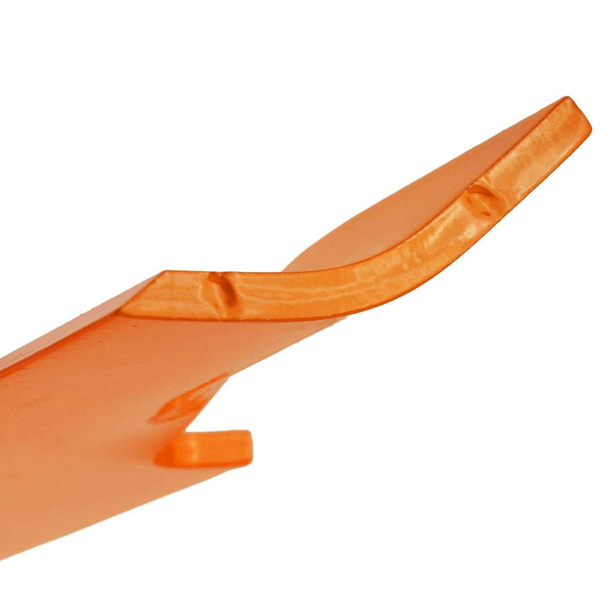 Orange mower blade edge with curved notch and small hub opening