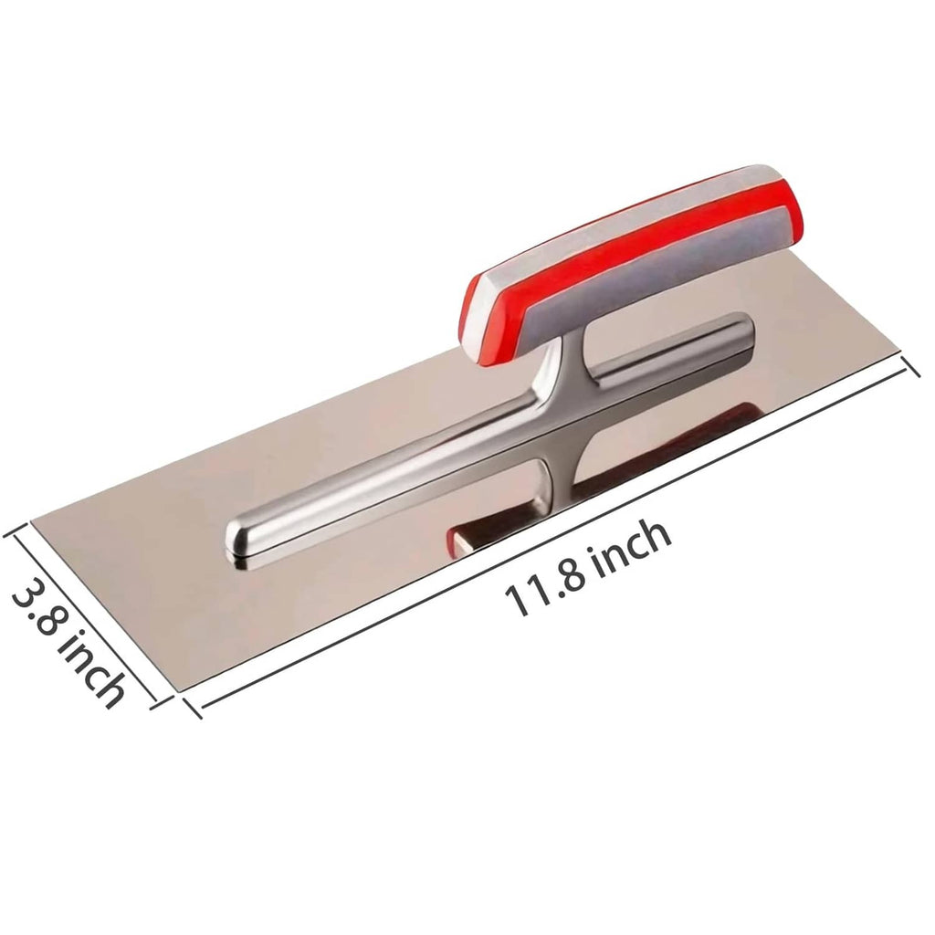 11.8 in x 3.8 in stainless finishing trowel with red-and-gray top grip.