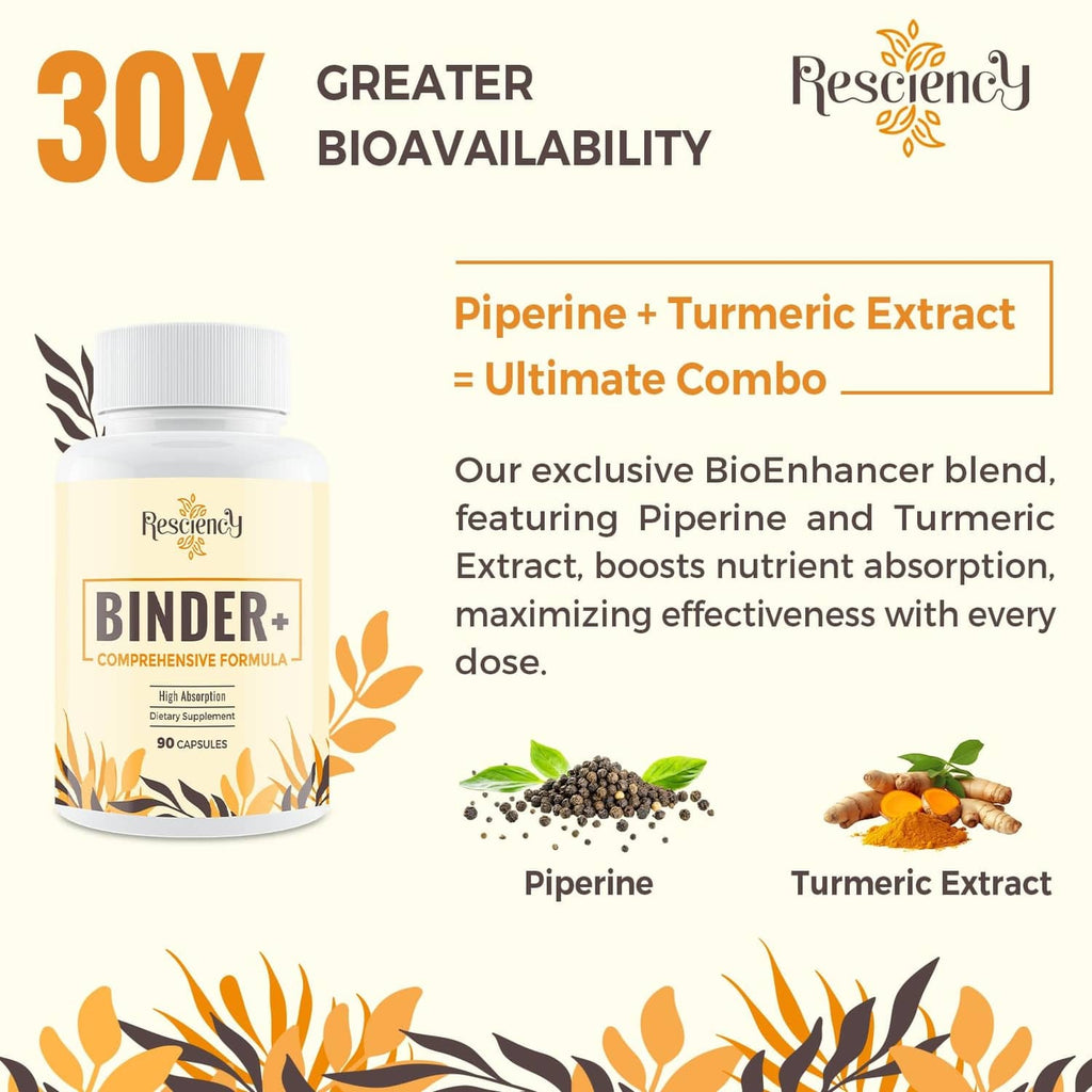 Binder+ detox supplement bottle with white cap, front label on light beige background.