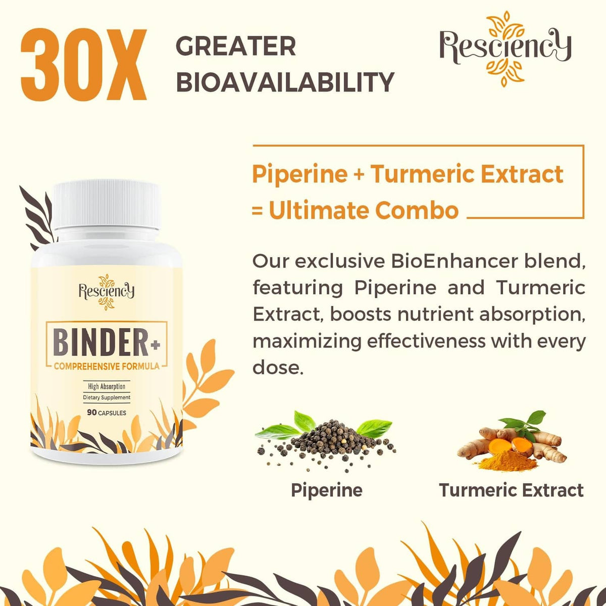 Binder+ detox supplement bottle with white cap, front label on light beige background.
