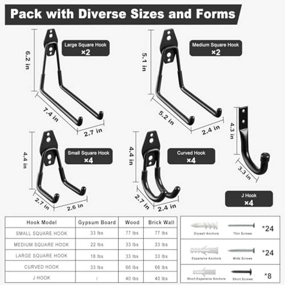 Steel hook sizes chart showing square, curved, and J hooks with mounting parts.