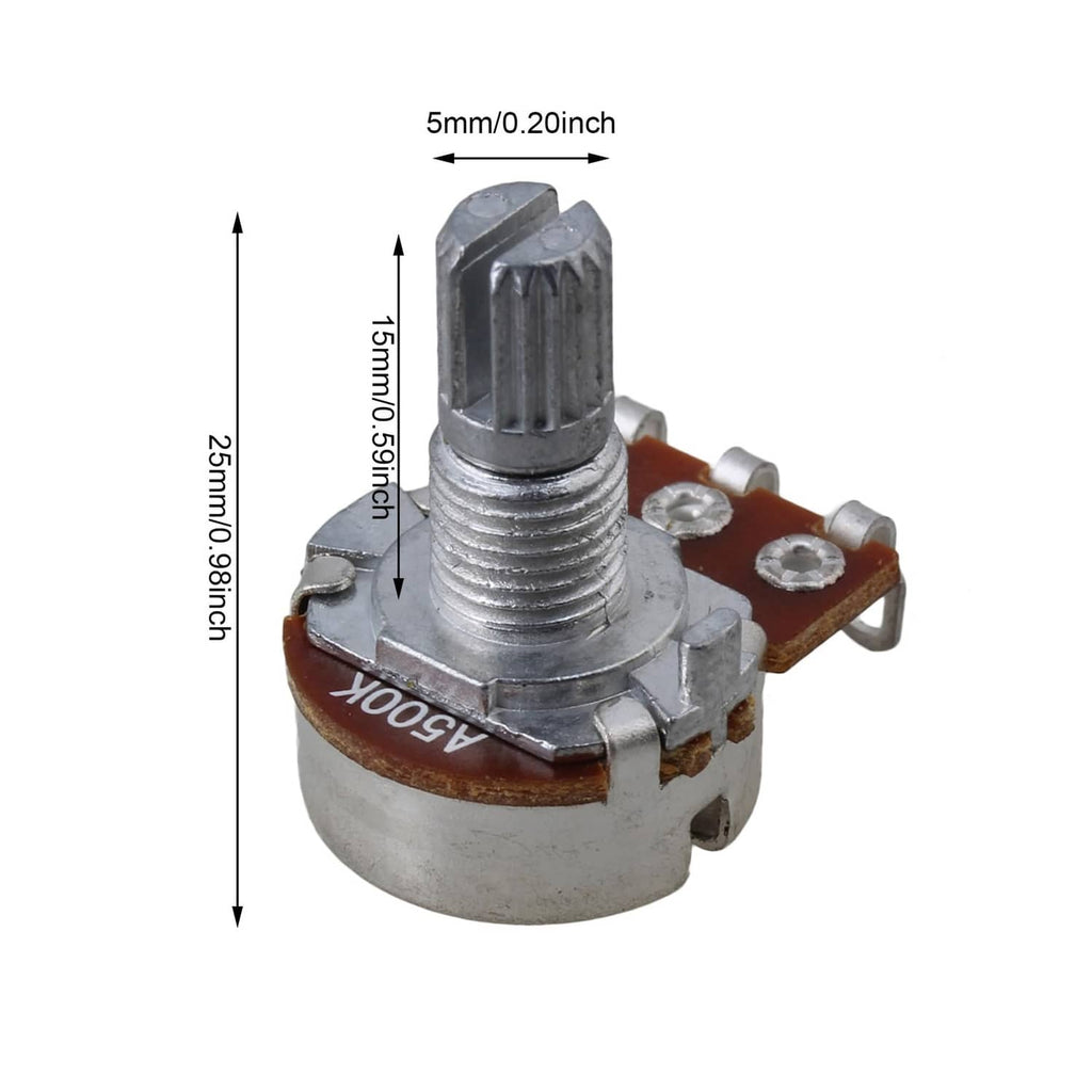 A500k guitar potentiometer with knurled shaft and mounting bracket; 5mm/15mm scale