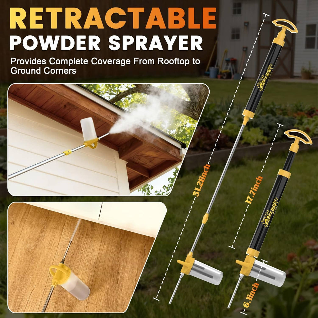 Retractable powder sprayer with yellow frame and clear bottle dispensing fine white powder