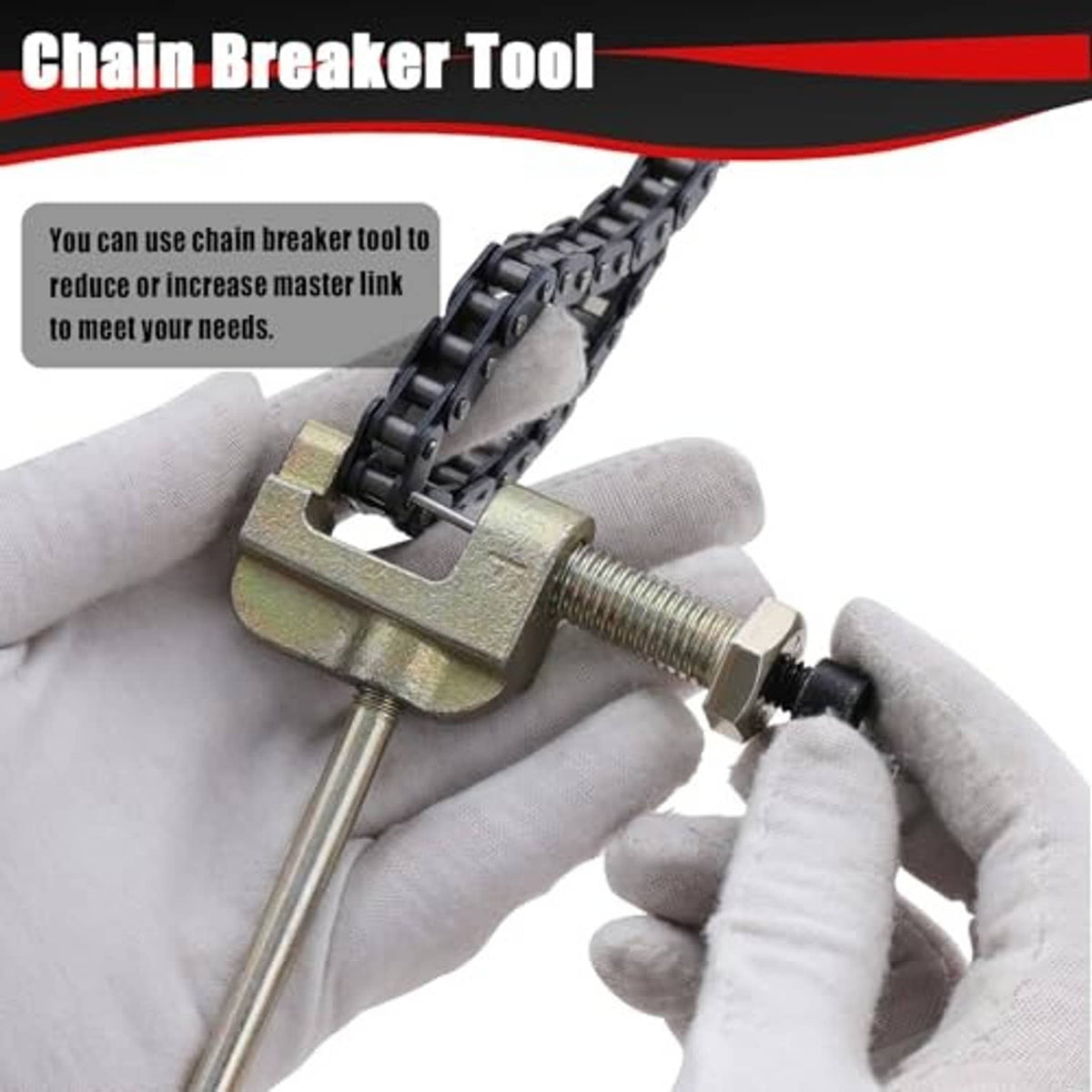 Chain breaker tool holding blue roller drive chain links between clamps
