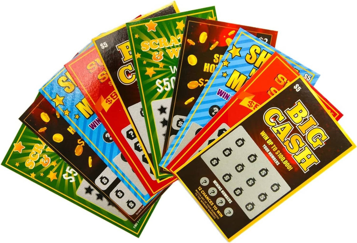 Stack of colorful scratch-off lottery tickets with star and BIG CASH artwork