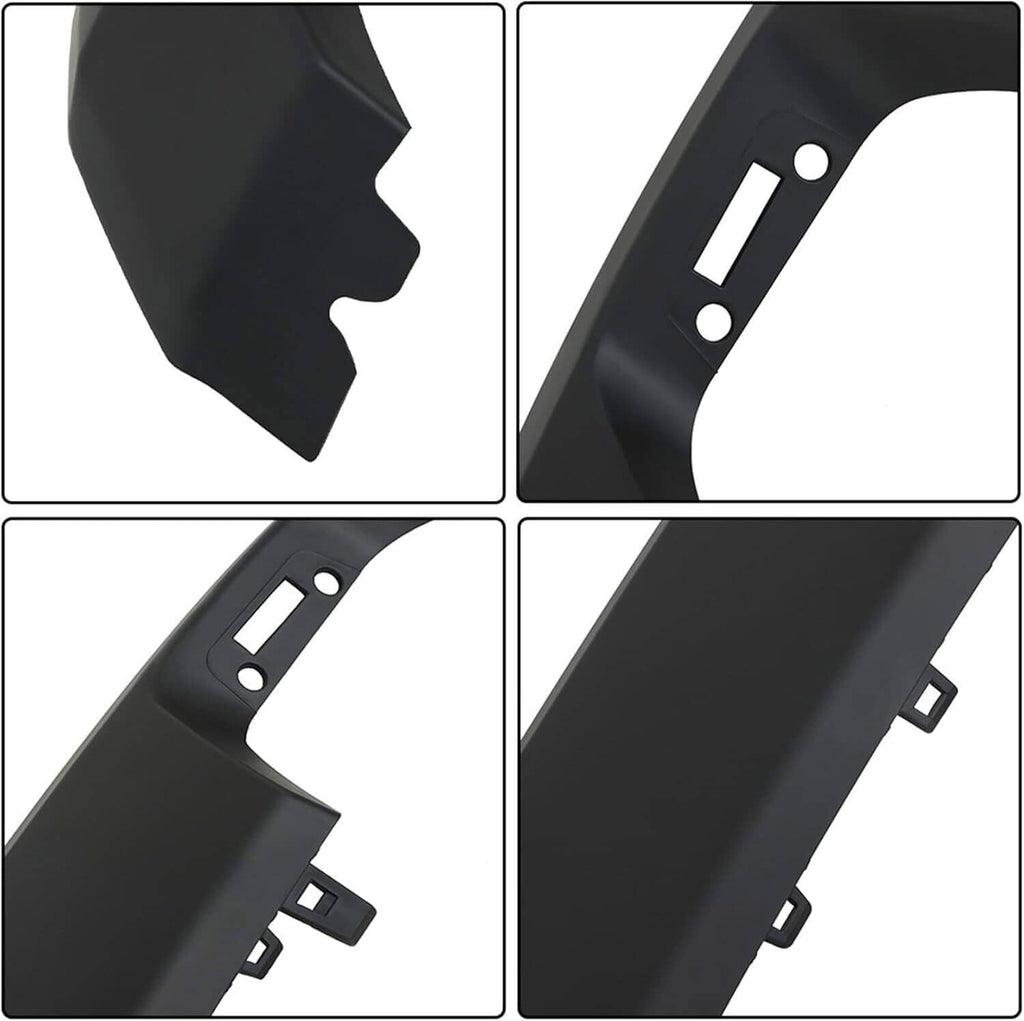 Matte black front bumper lower trim close-up of edge shapes and mounting holes