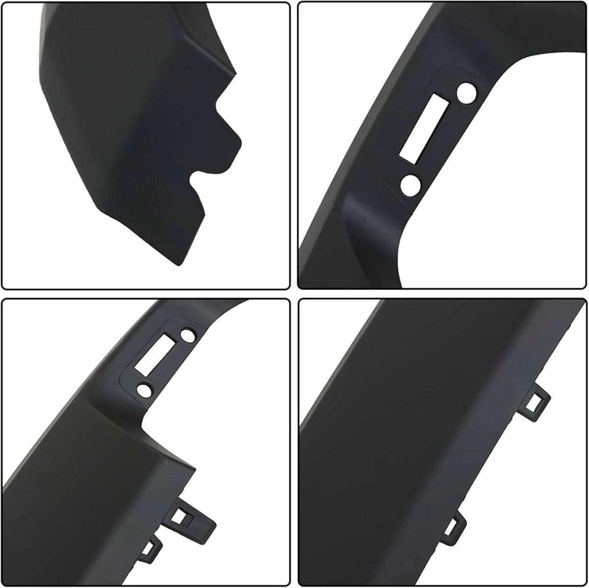 Matte black front bumper lower trim close-up of edge shapes and mounting holes