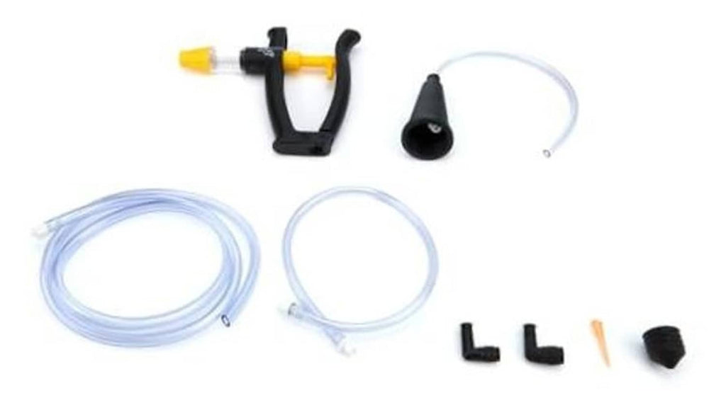 Reverse brake bleeder kit with clear hoses, funnel, and black clamp parts