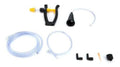 Reverse brake bleeder kit with clear hoses, funnel, and black clamp parts