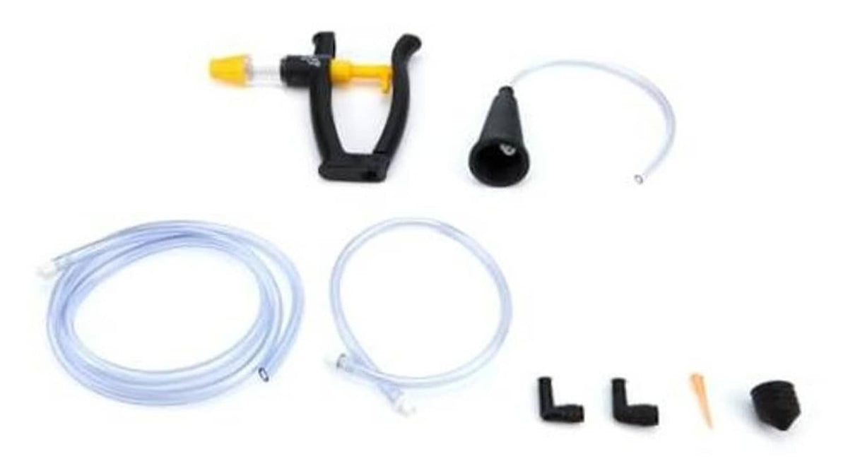 Reverse brake bleeder kit with clear hoses, funnel, and black clamp parts