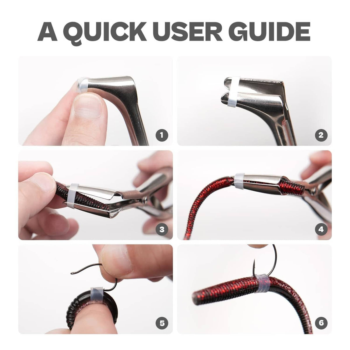Installer tool fitting silicone O-tube rings onto a red Senko-style worm with hook