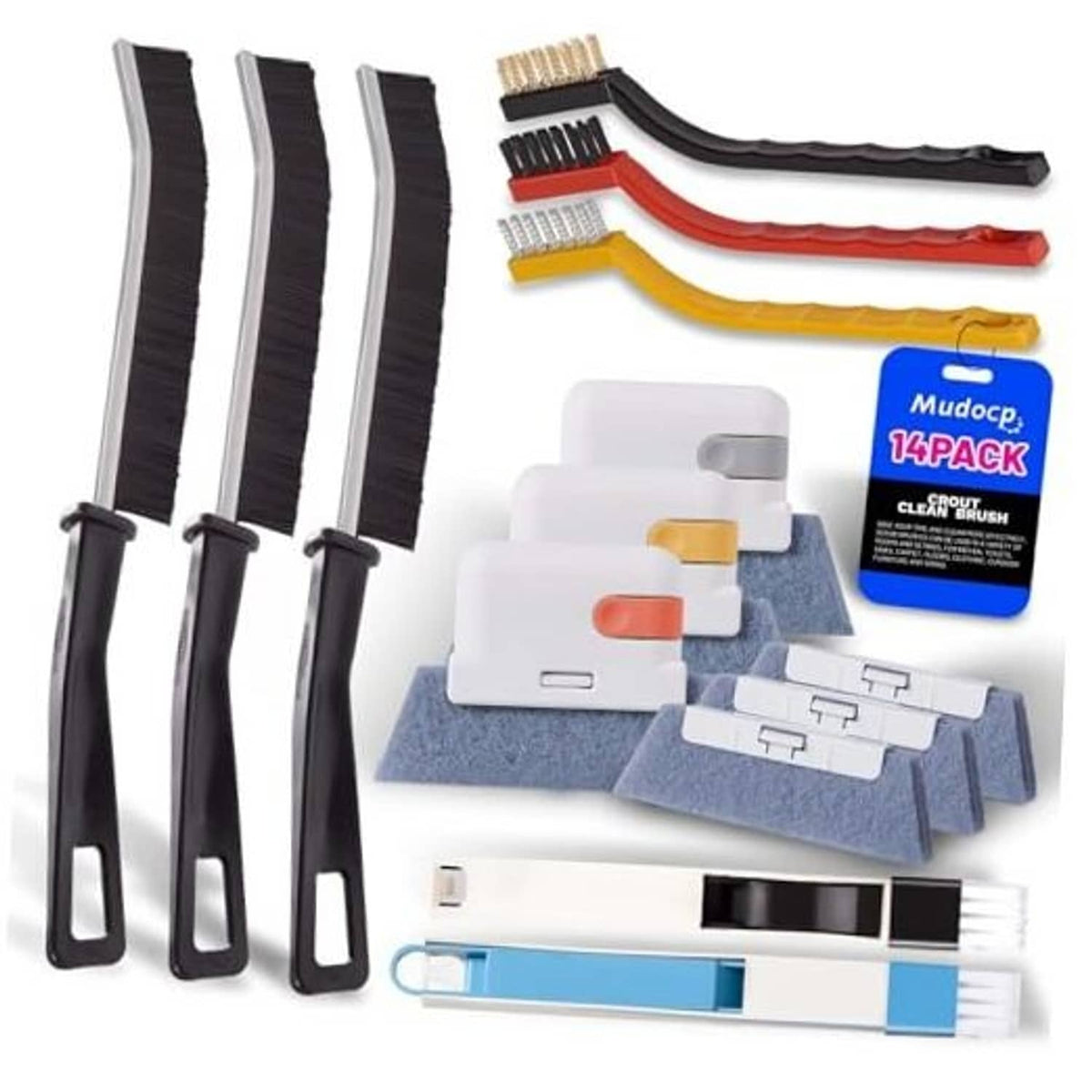 14-piece window track cleaning brush set with black, red, orange, and yellow bristle heads