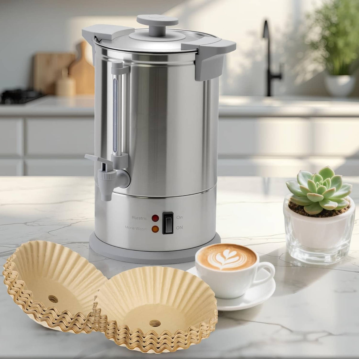 Large light-tan coffee filter discs next to a silver 8L commercial-style coffee maker