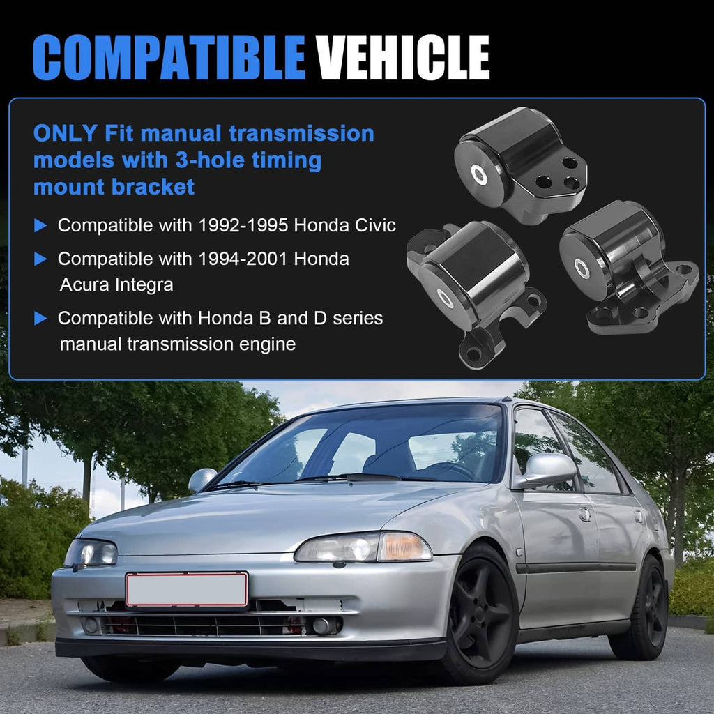 Engine motor mount bracket kit for manual transmission, three black mounts