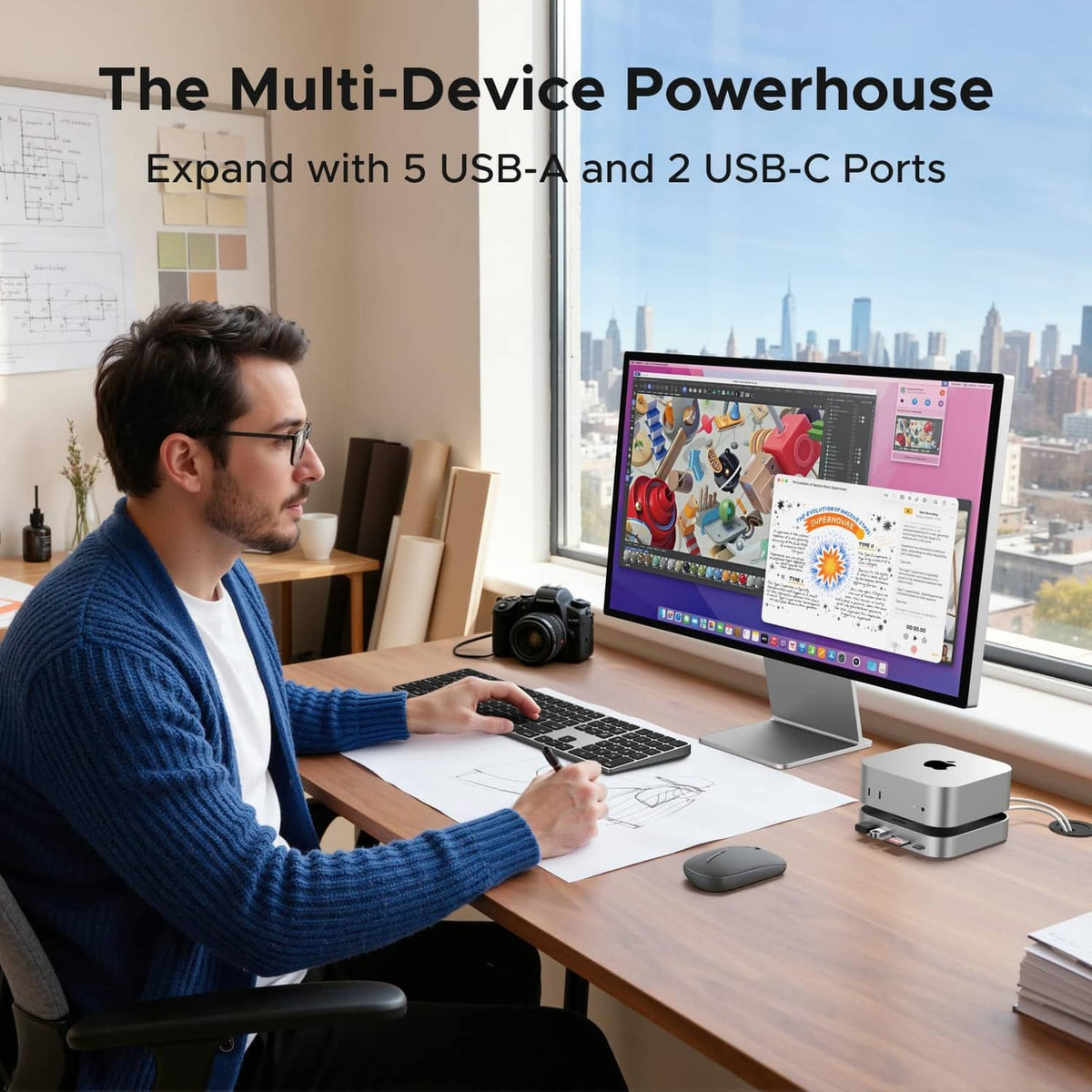 UGREEN Mac mini dock with stand, compact silver hub with multiple USB ports on desk