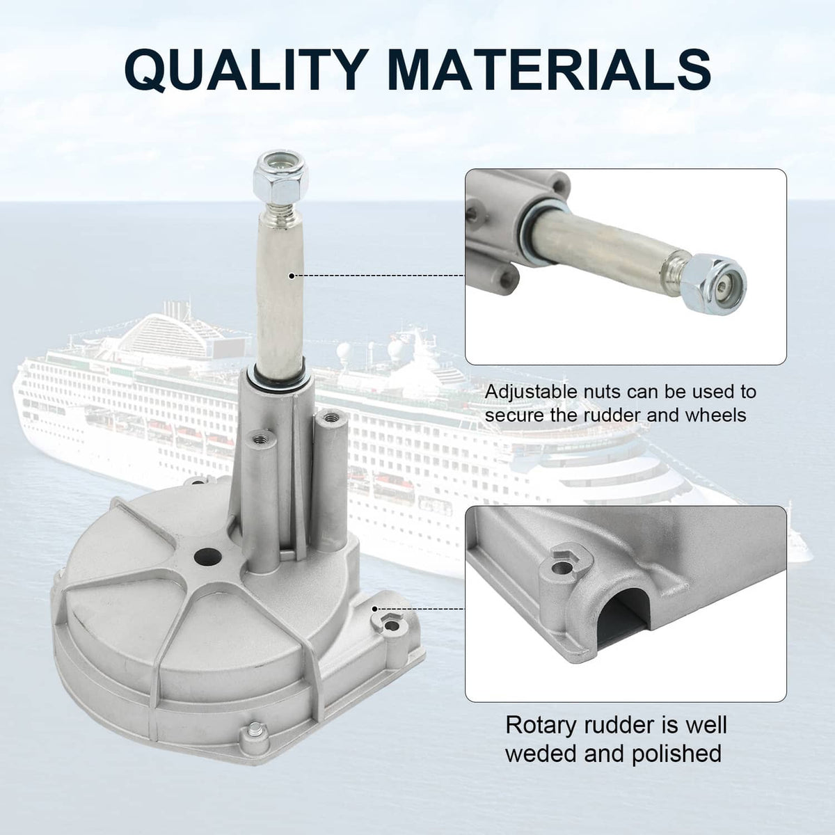Rotary rudder base with stainless shaft and polished housing with mounting hardware details