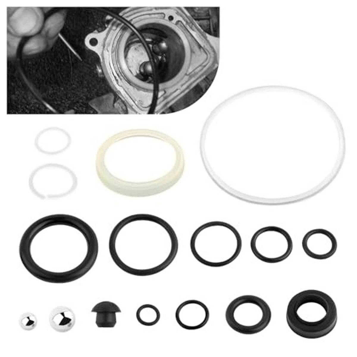 Floor jack repair sealing kit: assorted black O-rings plus white gaskets and caps