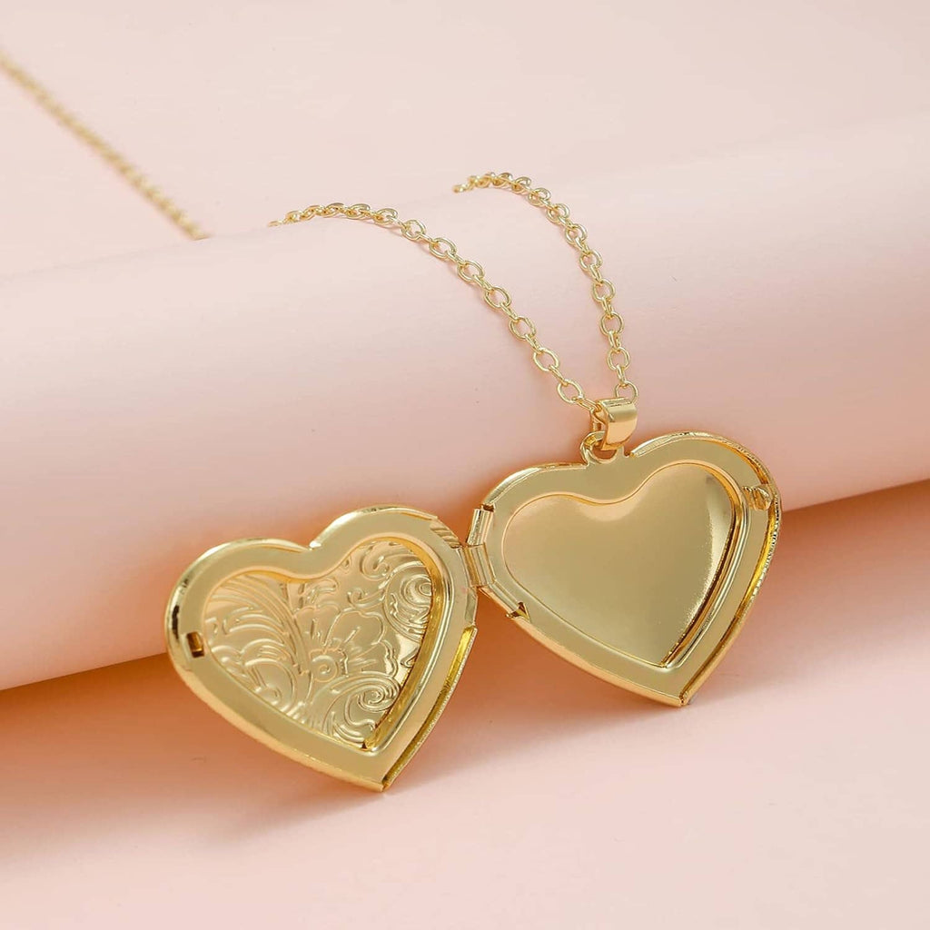 Open heart photo lockets with engraved floral design, gold-tone, on link chains