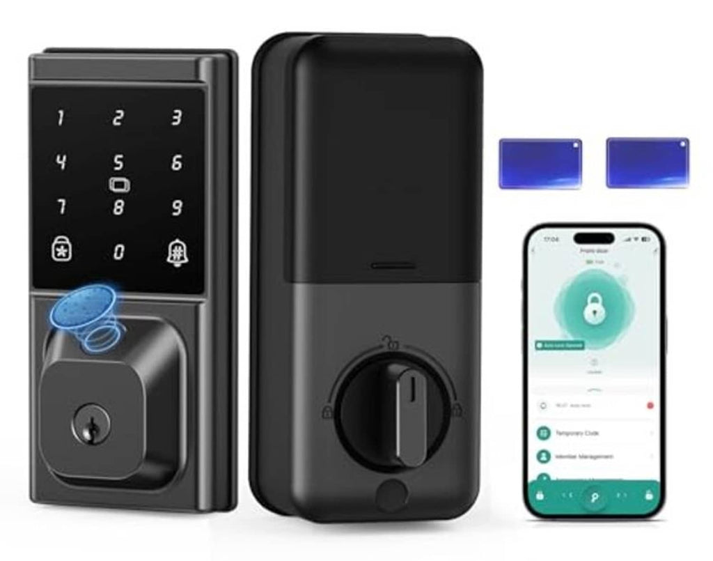 Keyless smart deadbolt lock with keypad and fingerprint sensor, black body