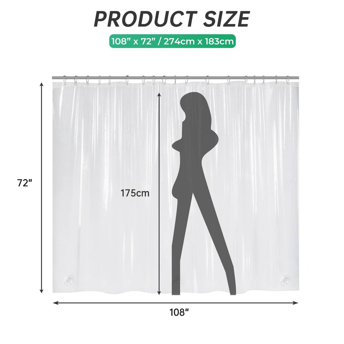 Clear shower curtain liner, 108 in W x 72 in L, header with grommets