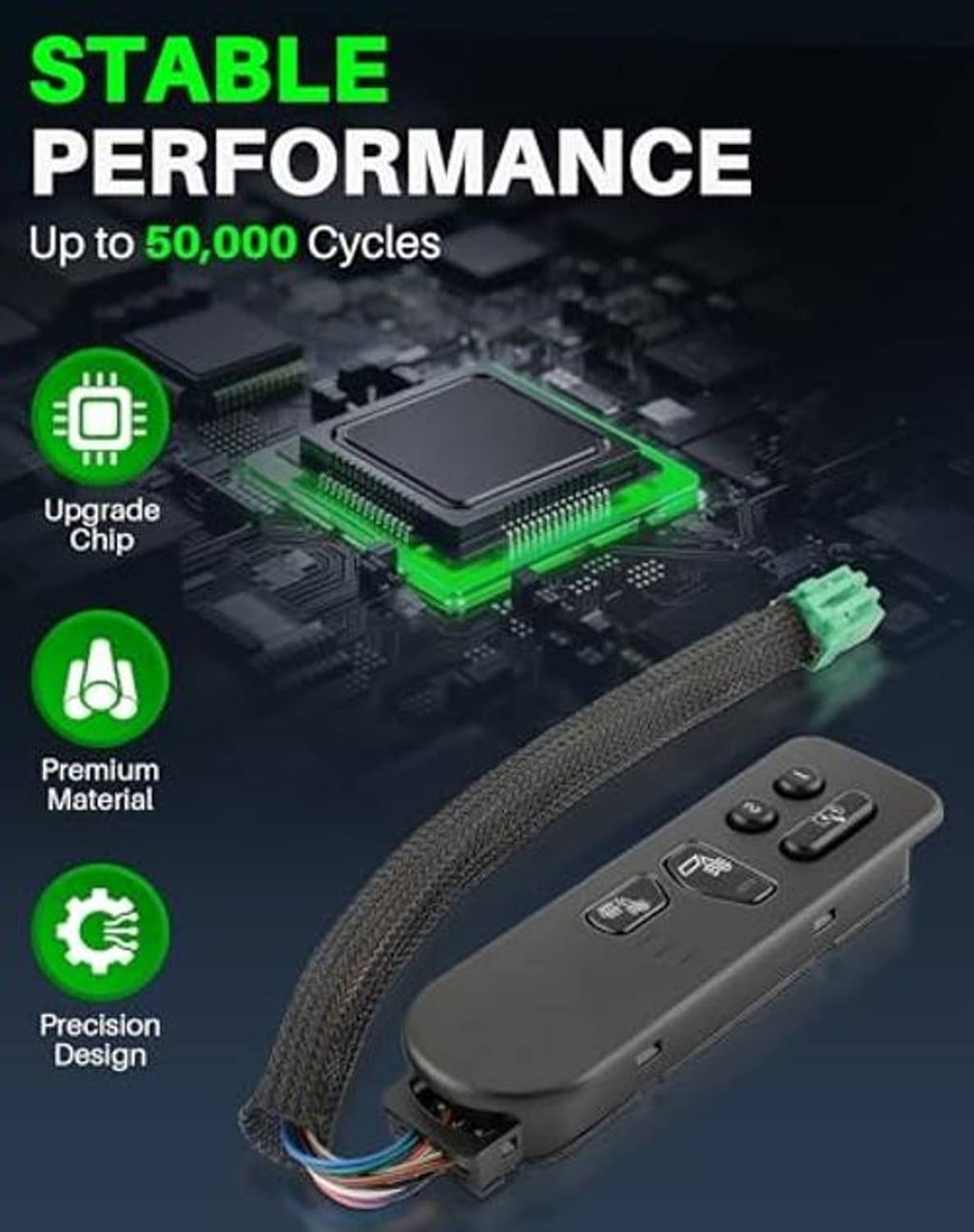 Heated seat switch with wiring harness and circuit board performance graphic