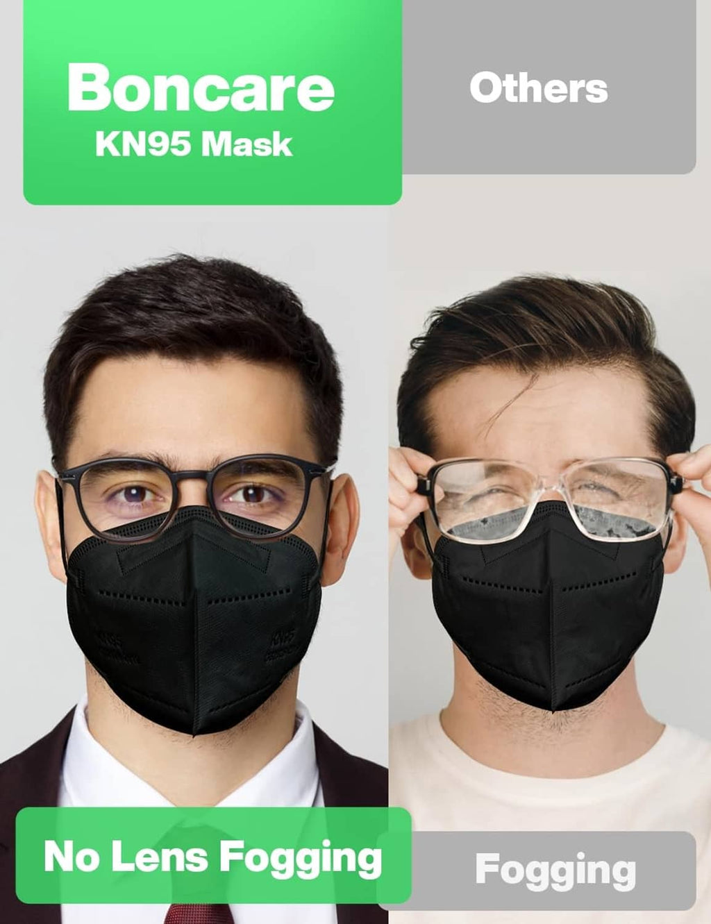 Black KN95 face mask comparison showing no lens fogging when worn