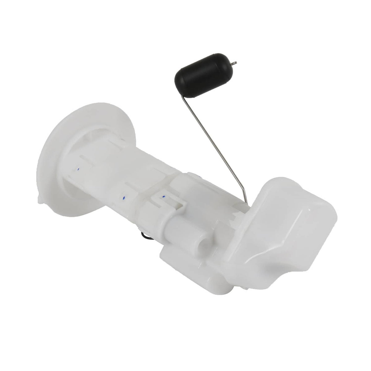 Fuel pump assembly with white plastic housing and black fuel level sensor float