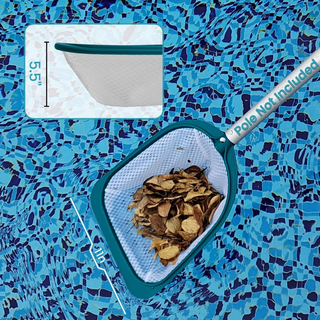 Teal leaf skimmer net with ultra-fine white mesh, filled with floating leaves