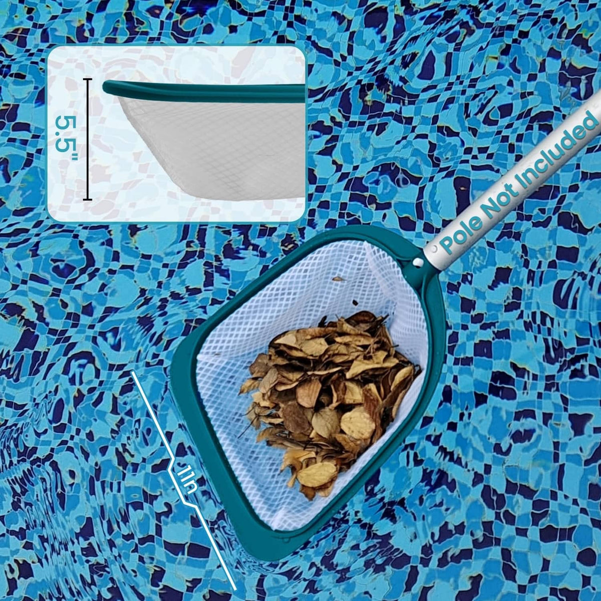 Teal leaf skimmer net with ultra-fine white mesh, filled with floating leaves