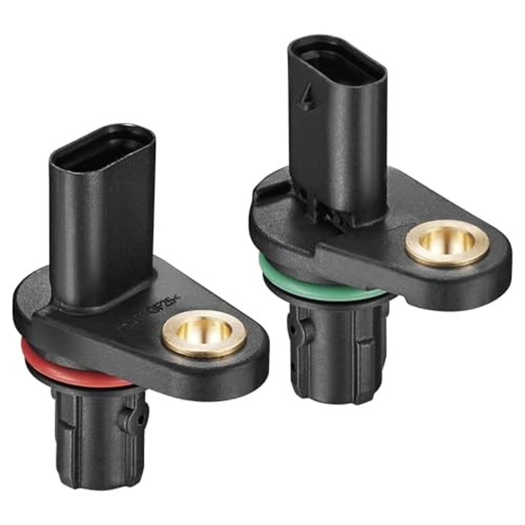 Two camshaft position sensors with gold mounting ports and black electrical plugs
