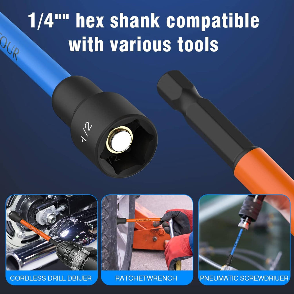 1/4 in hex shank nut driver with orange shaft and black magnetic socket end