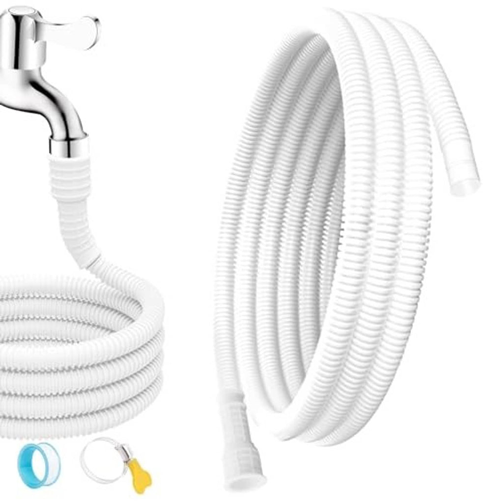 Coiled white corrugated drain hose with ribbed tubing and chrome adapter connector