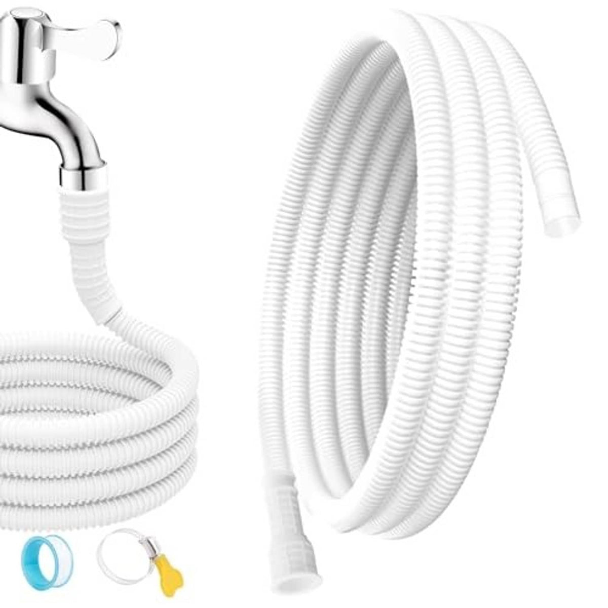 Coiled white corrugated drain hose with ribbed tubing and chrome adapter connector