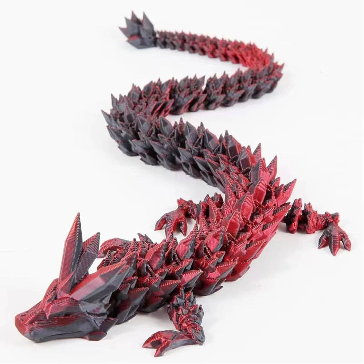 Red and dark gray articulated 3D crystal dragon with jagged translucent spikes