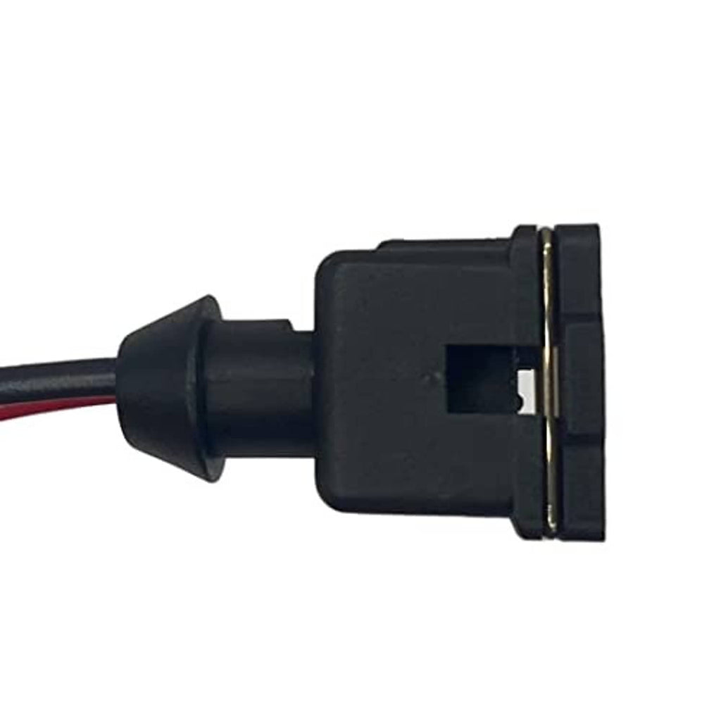 Black wiring harness connector plug with angled metal contact and wire leads