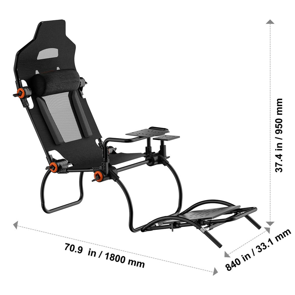 Racing simulator wheel stand with black seat and orange knobs, side view with pedal base
