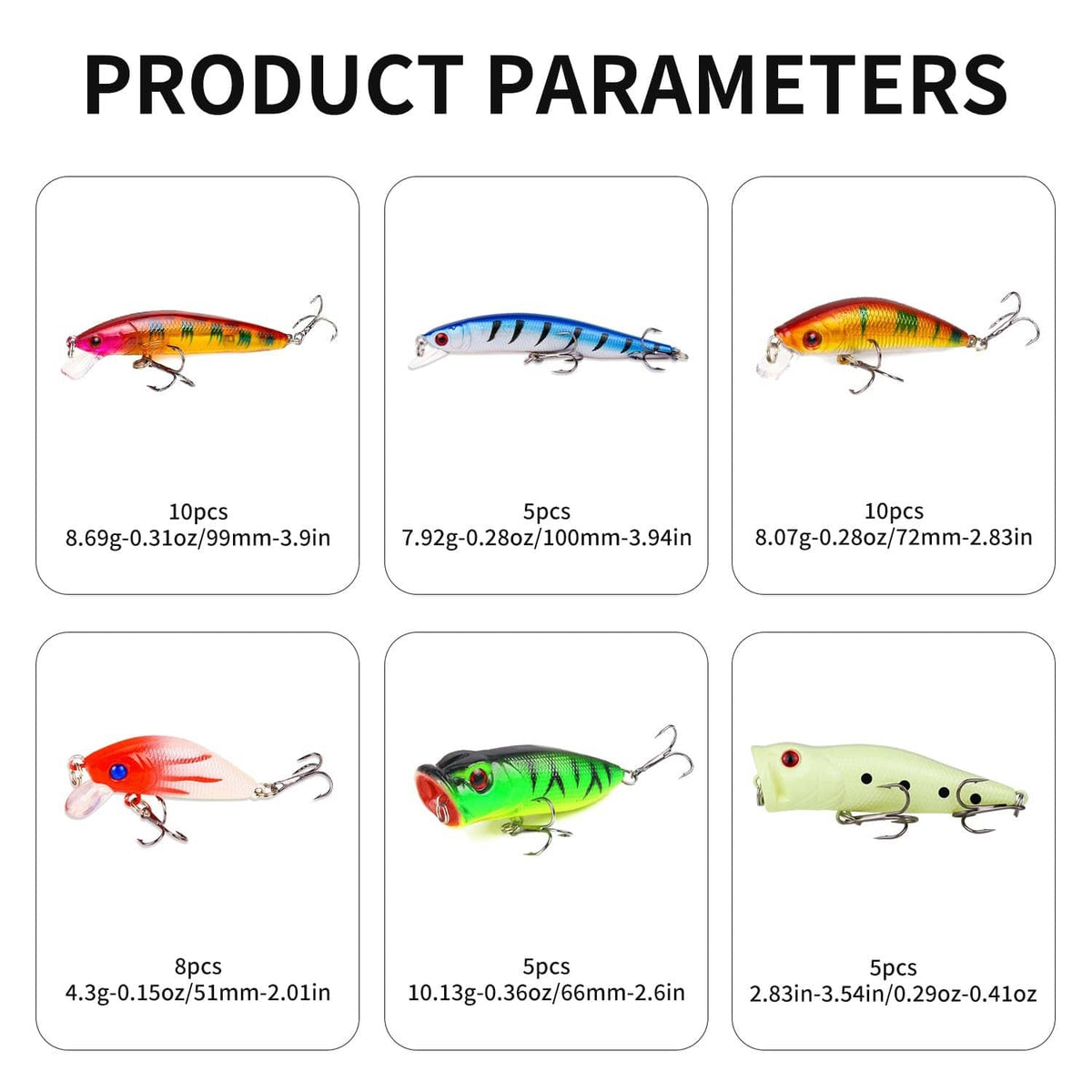 Fishing lure assortment cards with small crankbaits and swimbait-style lures, mixed colors