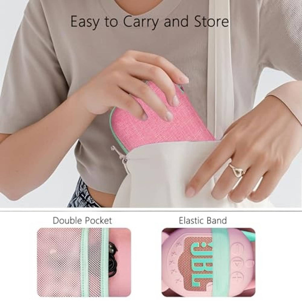 Pink hard case for speaker with elastic band and dual pocket, mint details