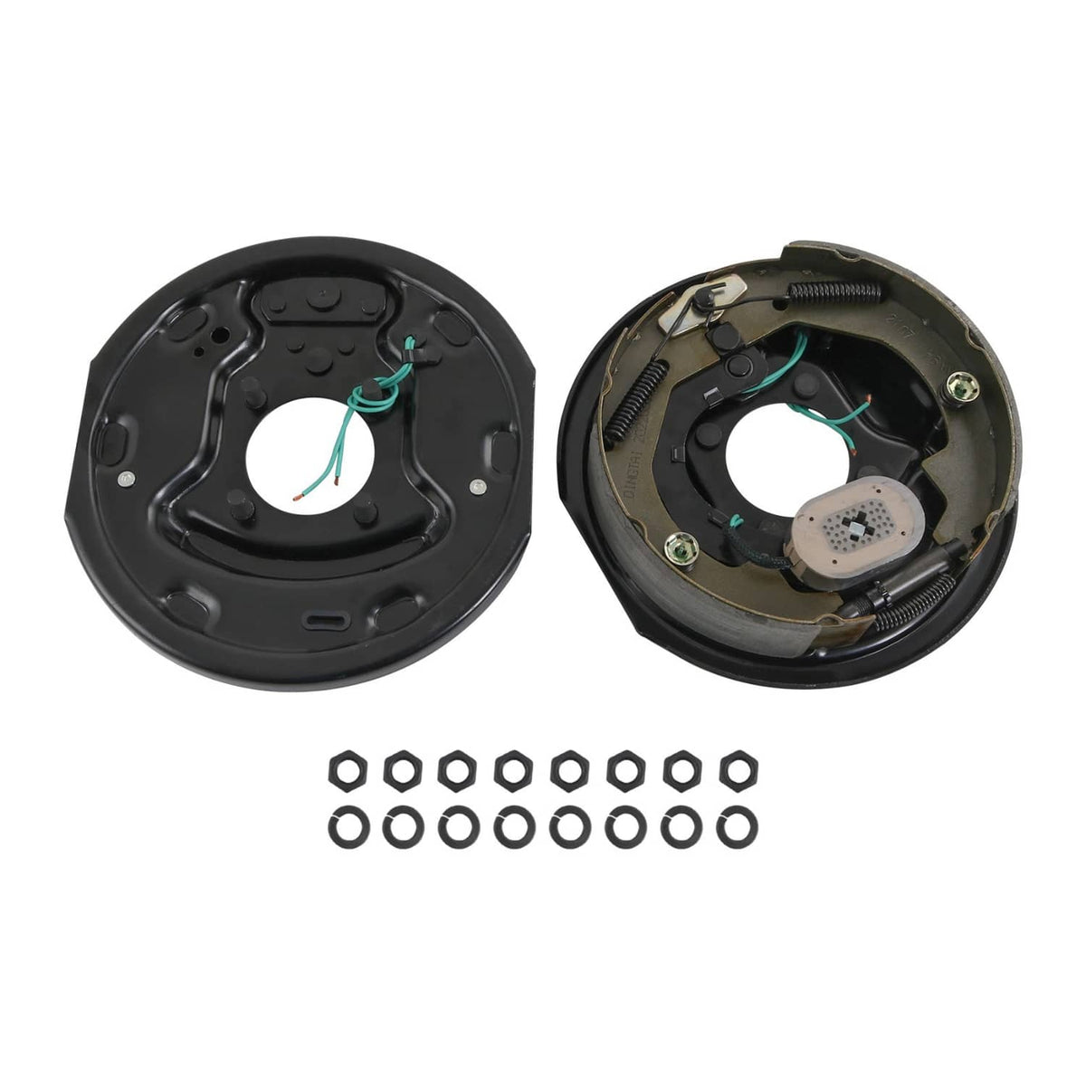 Electric trailer brake assembly pair with hardware bolts, black backing plates and magnet