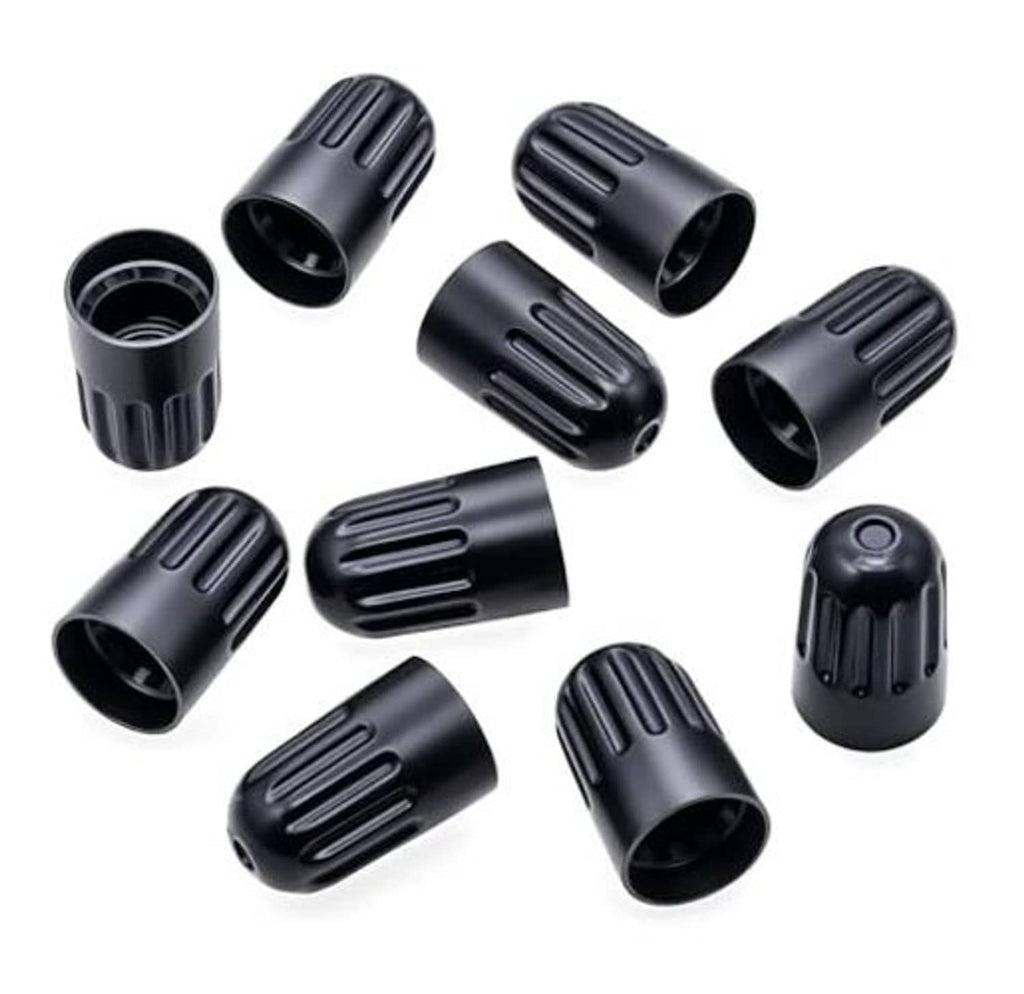 Black TPMS long-stem tire valve caps, ribbed design, multiple pack pieces