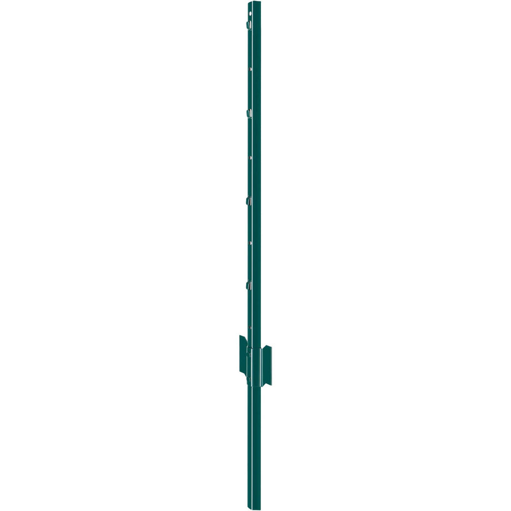 Green metal fence post with fixed anchor plate and mounting holes