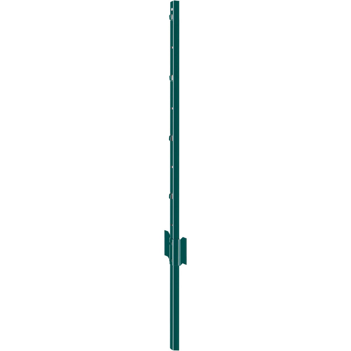 Green metal fence post with fixed anchor plate and mounting holes