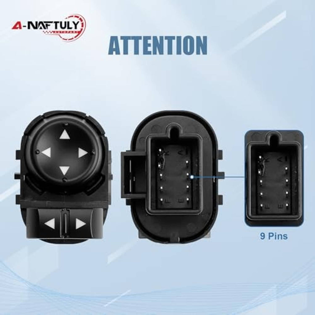 Power mirror control switch dial with direction arrows and rear connector housings, black.