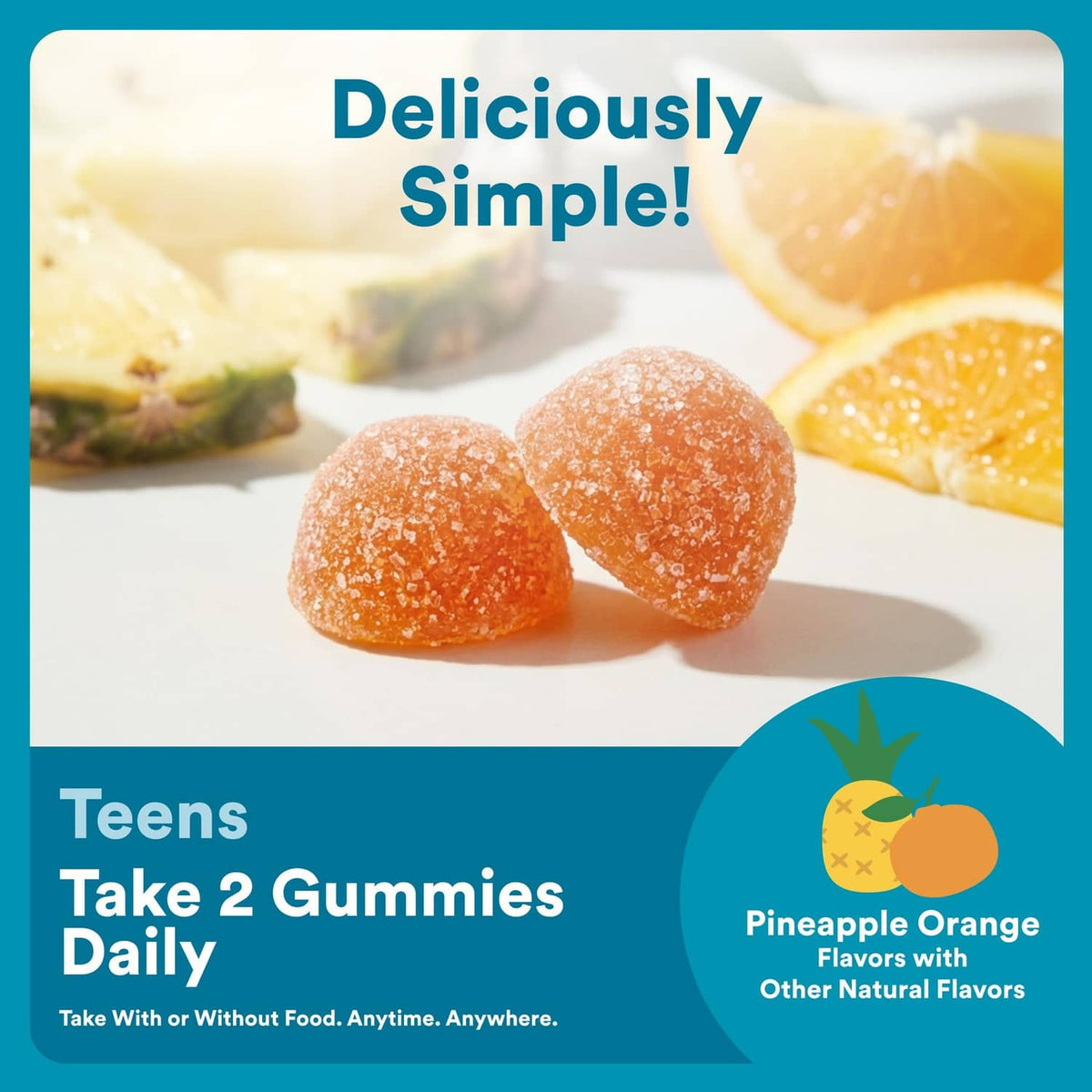 Orange gummy vitamins with pineapple orange flavor graphics for teens