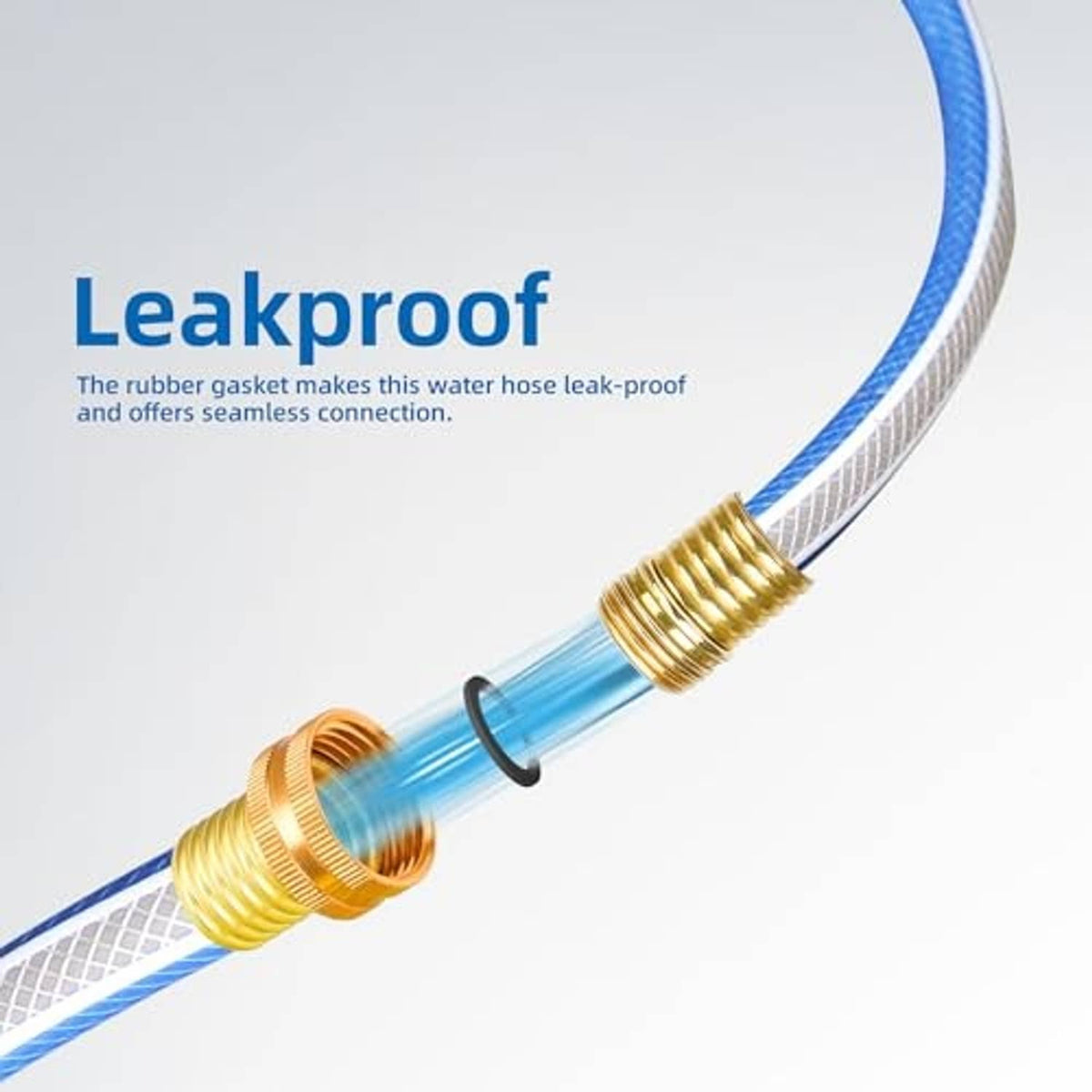 Blue hose with brass couplers and clear inner section near threaded connector ends