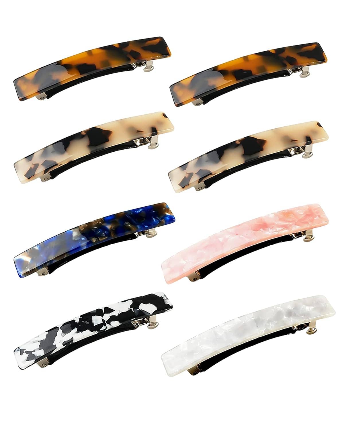 Set of 8 curved hair barrettes with metal clips in tortoiseshell, blue, pink, black/white