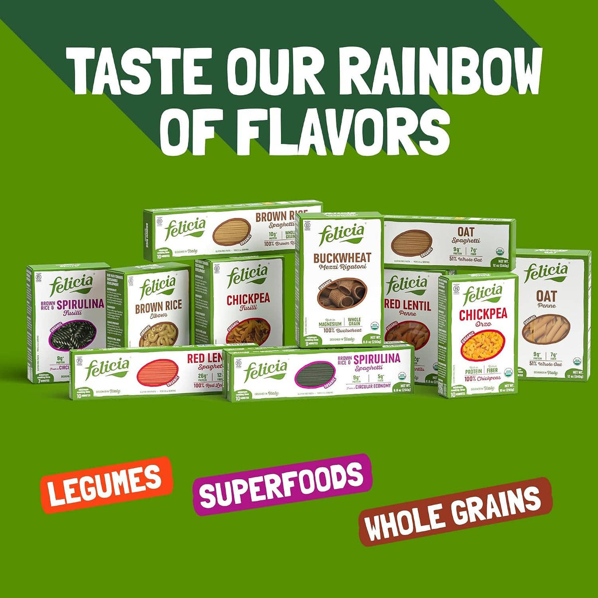 Felicia assortment of gluten-free pasta boxes lineup in a rainbow flavors layout