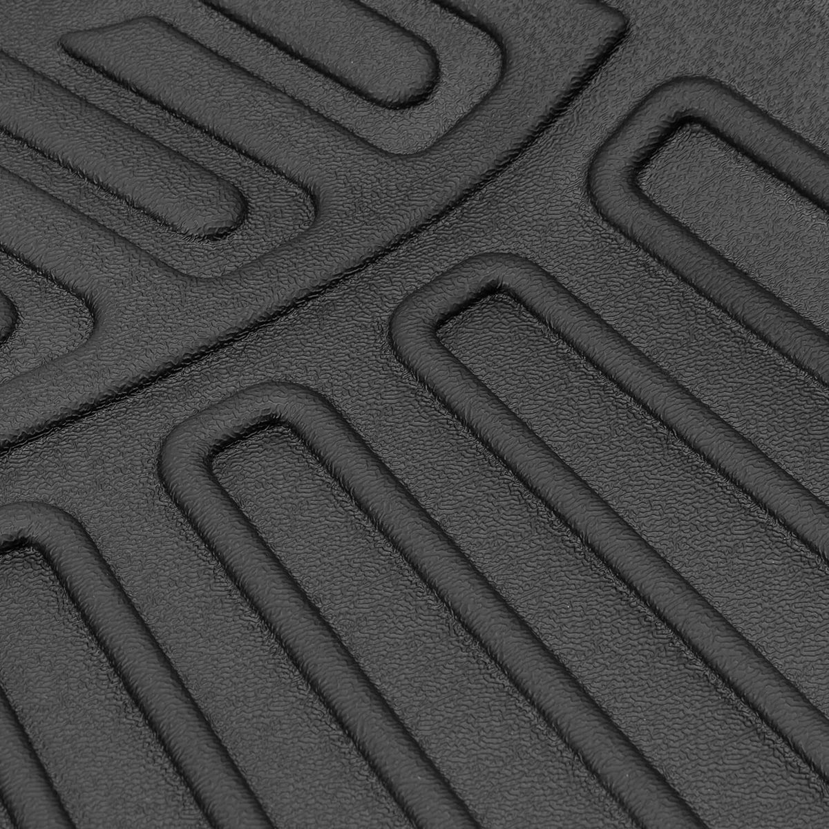 Close-up of black rubber floor mat tread texture with parallel ridges