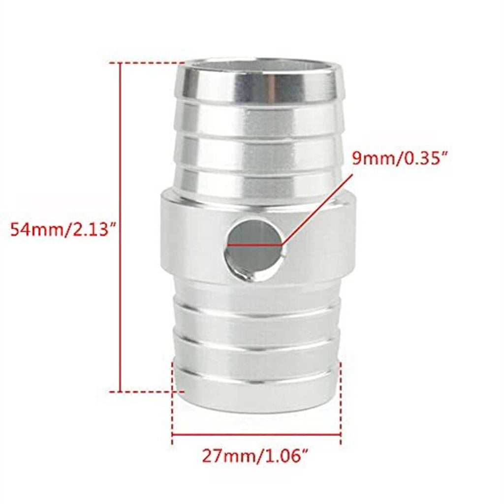 Aluminum hose adapter diagram showing 54 mm length and 9 mm port opening